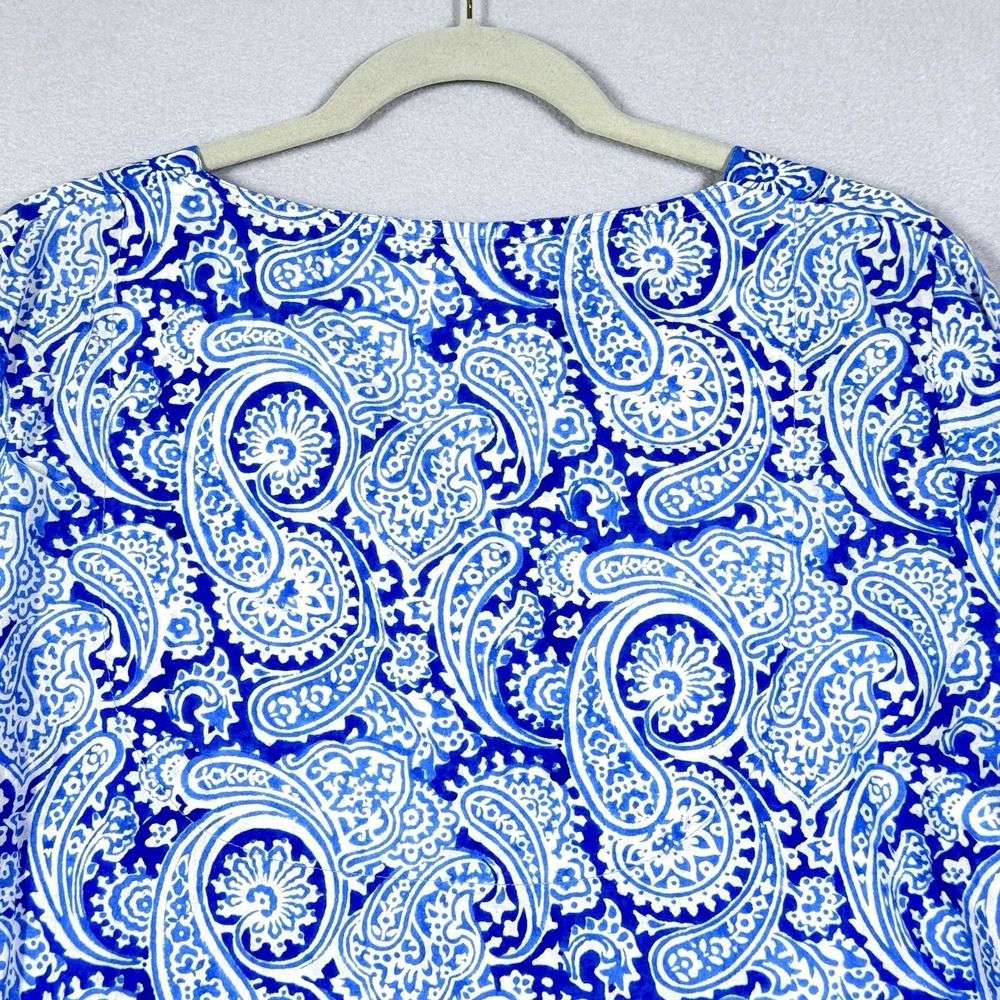 Gretchen Scott Top Womens Large Blue Paisley Tunic Resortwear Coastal V Neck - Picture 7 of 14